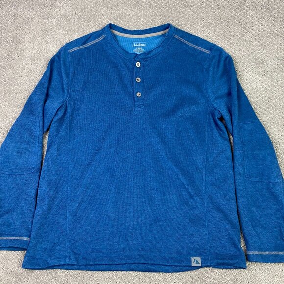 LL Bean Henley Shirt Mens Medium Blue Base Layer Elbow Patch Hiking Outdoor Wool - Picture 2 of 11